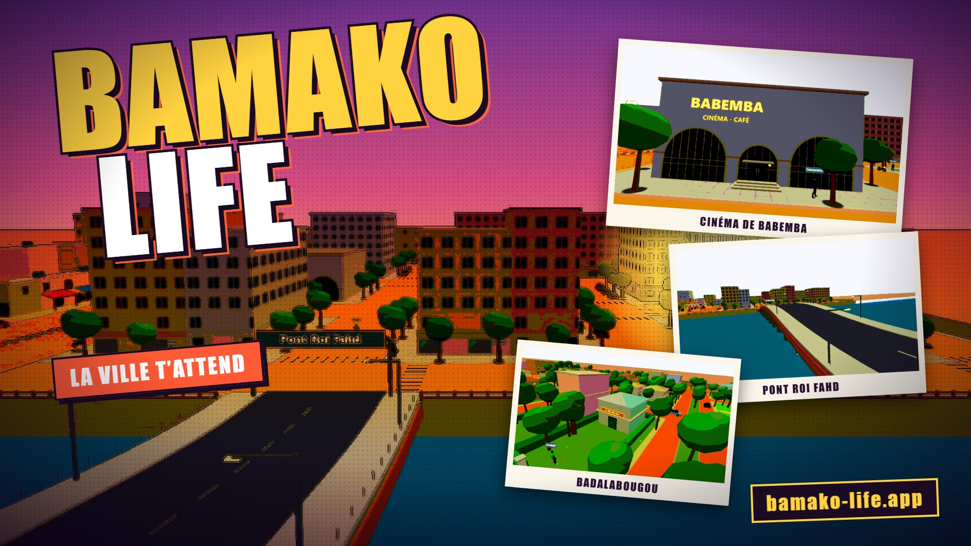 Affiche Bamako Life : titre en lettres jaunes, avenue d’ACI 2000 au coucher du soleil, trois photos du jeu